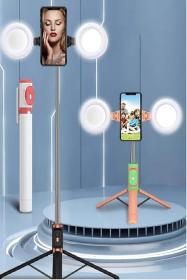 عصا سيلفي ثلاثية القوائم مع جهاز تحكم عن بعد لاسلكي مع حلقة إضاءة ليد مزدوجة وجهاز تحكم عن بعد لموبايل ايفون وسامسونج حامل موبايل محمول وقابل للطي مثالي للسفر (لون أبيض)